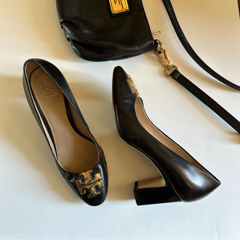 Tory Burch Raleigh Black Leather 70MM Block Heel Pump